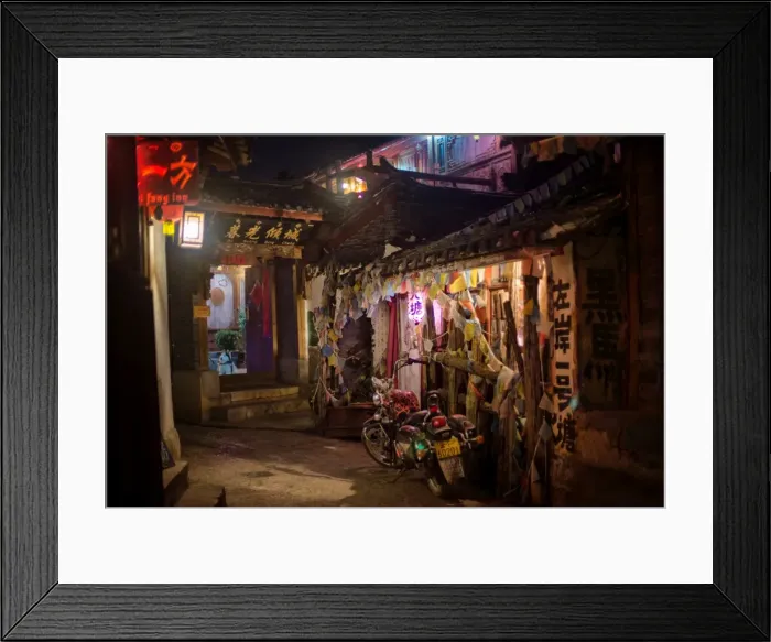 Framed Print : Alley at night with Tibetan style hostel and motorcycle in Lijiang Old Town, UNESCO World Heritage Site, Lijiang, Yunnan, China, Asia Framed Print : Alley at night with Tibetan style hostel and motorcycle in Lijiang Old Town, UNESCO World Heritage Site, Lijiang, Yunnan, China, Asia