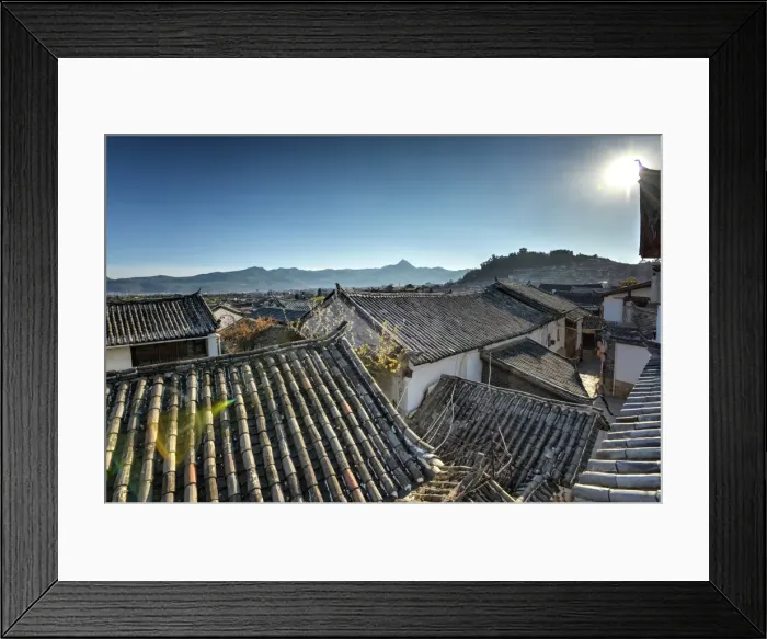 Framed Print : The roofs of Lijiang Old Town, UNESCO World Heritage Site, with Lion Hill silhouetted against a clear sky, Lijiang, Yunnan, China, Asia Framed Print : The roofs of Lijiang Old Town, UNESCO World Heritage Site, with Lion Hill silhouetted against a clear sky, Lijiang, Yunnan, China, Asia