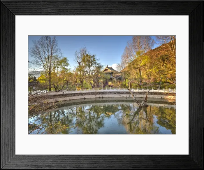 Framed Print : Golden reflections with pool, trees and pagoda at Jade Spring Park in Lijiang, Yunnan, China, Asia
