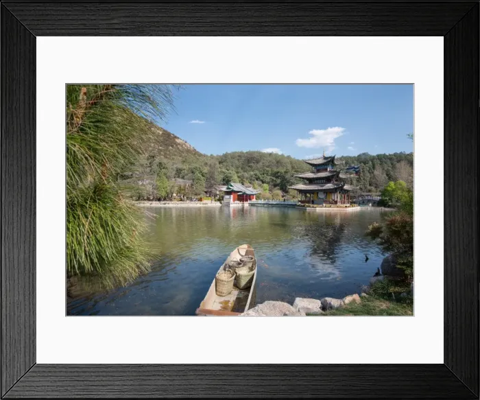 Framed Print : Scene at Black Dragon Pool (Heilongtan) with boat carrying wicker baskets and Moon Embracing Pavilion, Lijiang, Yunnan, China, Asia Framed Print : Scene at Black Dragon Pool (Heilongtan) with boat carrying wicker baskets and Moon Embracing Pavilion, Lijiang, Yunnan, China, Asia