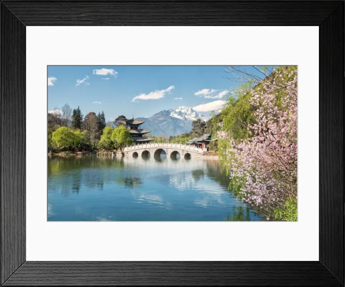 Framed Print : Moon Embracing Pavilion and Suocui Bridge at Black Dragon Pool in Jade Spring Park, Lijiang, Yunnan, China, Asia Framed Print : Moon Embracing Pavilion and Suocui Bridge at Black Dragon Pool in Jade Spring Park, Lijiang, Yunnan, China, Asia