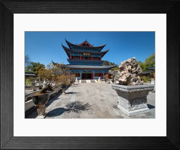 Framed Print : Wanjuan Pavilion at Mufu Wood Mansion with lined up potted bonsai and rocks, Lijiang, Yunnan, China, Asia Framed Print : Wanjuan Pavilion at Mufu Wood Mansion with lined up potted bonsai and rocks, Lijiang, Yunnan, China, Asia