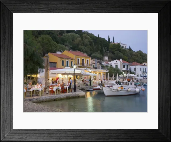 Framed Print : Typical waterfront taverna illuminated at dusk, Kioni, Ithaca (Ithaki), Ionian Islands, Greek Islands, Greece, Europe Framed Print : Typical waterfront taverna illuminated at dusk, Kioni, Ithaca (Ithaki), Ionian Islands, Greek Islands, Greece, Europe