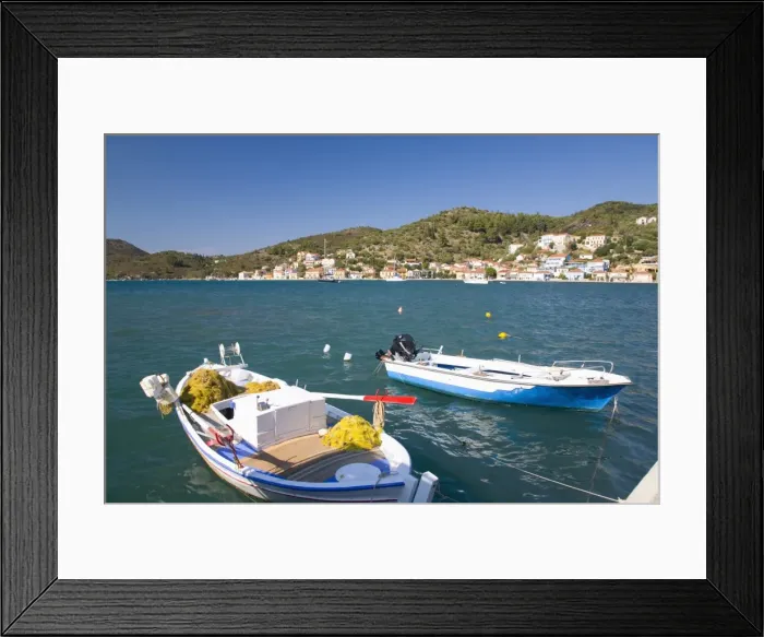 Framed Print : View across the harbour, colourful fishing boat in foreground, Vathy (Vathi), Ithaca (Ithaki), Ionian Islands, Greek Islands, Greece, Europe Framed Print : View across the harbour, colourful fishing boat in foreground, Vathy (Vathi), Ithaca (Ithaki), Ionian Islands, Greek Islands, Greece, Europe