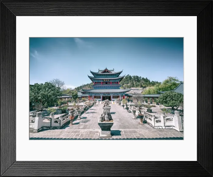 Framed Print : Wanjuan Pavilion, one of the main buildings at Mufu Wood Mansion with potted bonsai and rocks, Lijiang, Yunnan, China, Asia Framed Print : Wanjuan Pavilion, one of the main buildings at Mufu Wood Mansion with potted bonsai and rocks, Lijiang, Yunnan, China, Asia