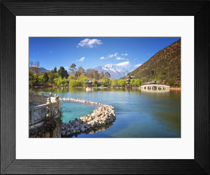 Framed Print : Heilongtan (Black Dragon Pool) with pool, pagodas, white marble bridge and mountain backdrop, Lijiang, Yunnan, China, Asia Framed Print : Heilongtan (Black Dragon Pool) with pool, pagodas, white marble bridge and mountain backdrop, Lijiang, Yunnan, China, Asia