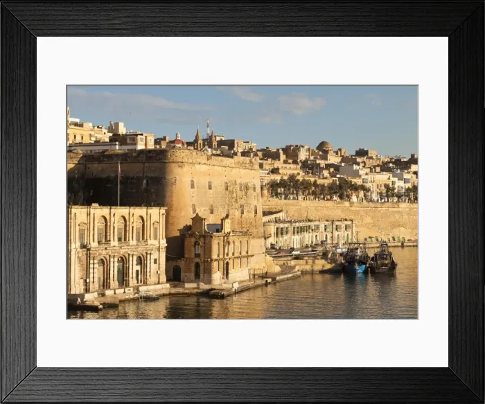 Framed Print : Fishing boats at the Barriera Wharf and Grand Harbour fortifications in the golden early morning, Valletta, Malta, Mediterranean, Europe