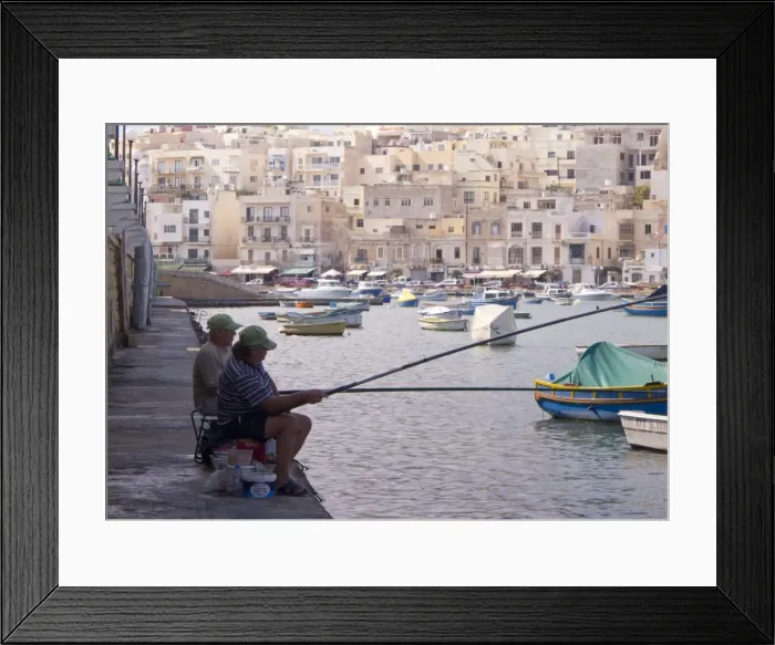 Framed Print : Two men fishing, Marsaskala, Malta, Mediterranean, Europe Framed Print : Two men fishing, Marsaskala, Malta, Mediterranean, Europe