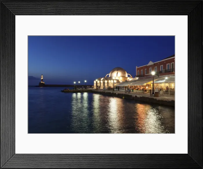 Framed Print : Lighthouse at Venetian port and Turkish Mosque Hassan Pascha at night, Chania, Crete, Greek Islands, Greece, Europe Framed Print : Lighthouse at Venetian port and Turkish Mosque Hassan Pascha at night, Chania, Crete, Greek Islands, Greece, Europe