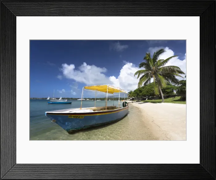 Framed Print : Beach scene with palm trees, blue sky and a boat used to ferry tourists to the idyllic island of Ile Aux Cerfs from Trou D Eau Douce, a village on the east coast of Mauritius, Indian Ocean, Africa Framed Print : Beach scene with palm trees, blue sky and a boat used to ferry tourists to the idyllic island of Ile Aux Cerfs from Trou D Eau Douce, a village on the east coast of Mauritius, Indian Ocean, Africa
