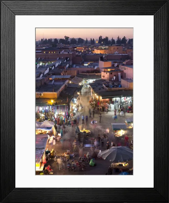 Framed Print : Crowds of locals and tourists walking among the shops and stalls in the Djemaa el Fna at sunset, Marrakech, Morocco, North Africa, Africa Framed Print : Crowds of locals and tourists walking among the shops and stalls in the Djemaa el Fna at sunset, Marrakech, Morocco, North Africa, Africa