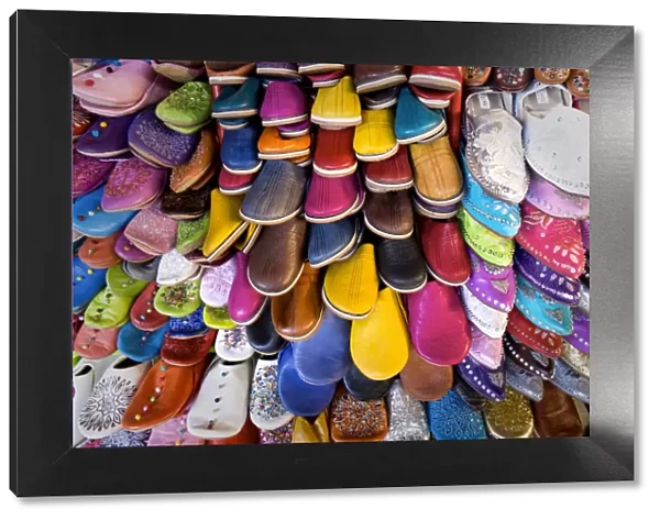 Dozens of colourful traditional slippers in the souk off the Djemaa el Fna, Marrakech, Morocco, North Africa, Africa