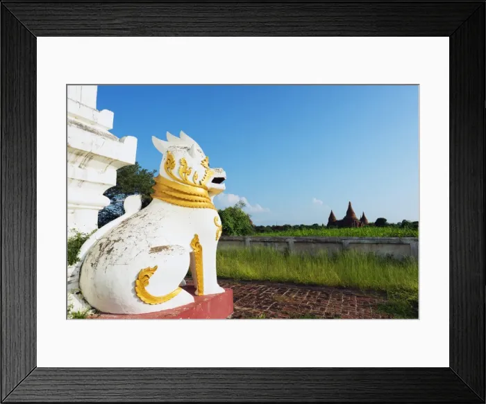 Framed Print : Lion statue and temple on Bagan plain, Bagan (Pagan), Myanmar (Burma), Asia Framed Print : Lion statue and temple on Bagan plain, Bagan (Pagan), Myanmar (Burma), Asia