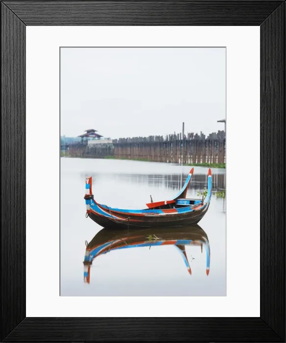 Framed Print : Colourful boat and U Bein Bridge on Taungthaman Lake, Amarapura, Mandalay, Myanmar (Burma), Asia Framed Print : Colourful boat and U Bein Bridge on Taungthaman Lake, Amarapura, Mandalay, Myanmar (Burma), Asia