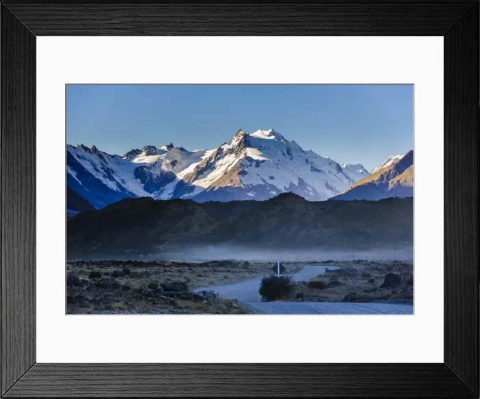 Framed Print : Road in Mount Cook National Park with illuminated mountains in the background, UNESCO World Heritage Site, South Island, New Zealand, Pacific Framed Print : Road in Mount Cook National Park with illuminated mountains in the background, UNESCO World Heritage Site, South Island, New Zealand, Pacific