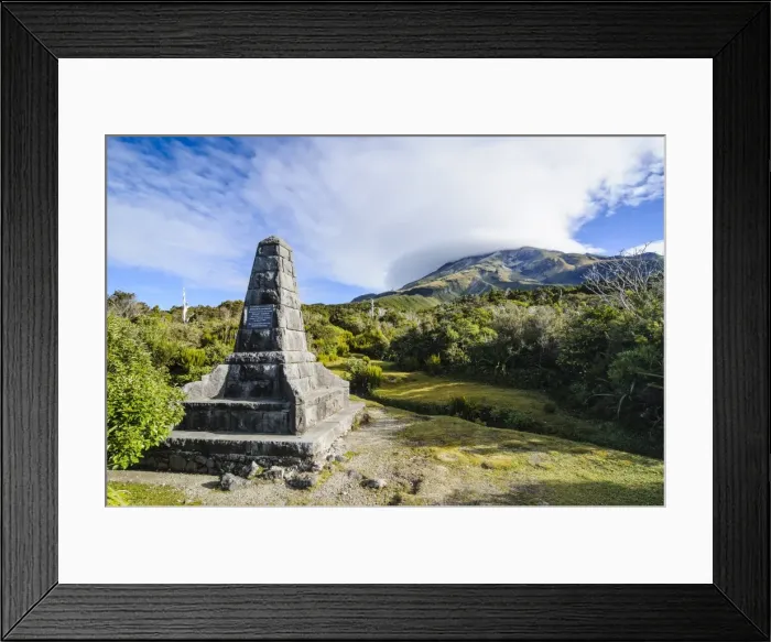 Framed Print : Memorial on the bottom of Mount Taranaki, North Island, New Zealand, Pacific