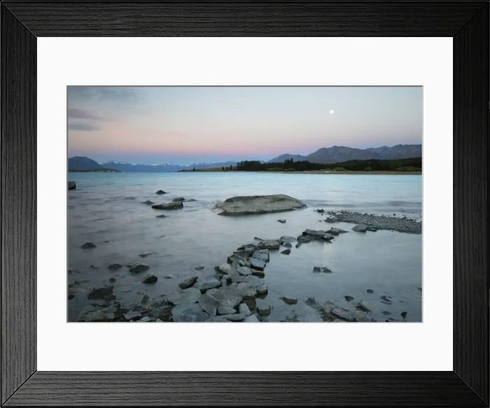 Framed Print : Edge of lake at dusk, Lake Tekapo, Canterbury region, South Island, New Zealand, Pacific Framed Print : Edge of lake at dusk, Lake Tekapo, Canterbury region, South Island, New Zealand, Pacific