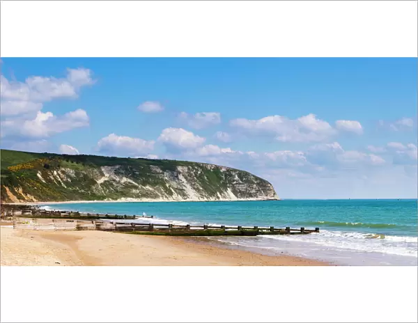 Swanage Beach and white cliffs, Dorset, Jurassic Coast, England, United Kingdom, Europe
