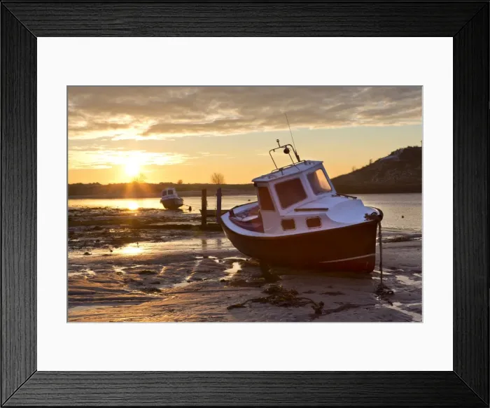 Framed Print : View towards the Aln Estuary during a stunning winter sunrise from the beach at low tide with a fishing boat in the foreground, Alnmouth, near Alnwick, Northumberland, England, United Kingdom, Europe Framed Print : View towards the Aln Estuary during a stunning winter sunrise from the beach at low tide with a fishing boat in the foreground, Alnmouth, near Alnwick, Northumberland, England, United Kingdom, Europe