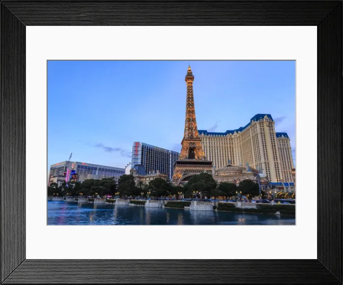 Framed Print : Paris, Ballys and Flamingo Hotels and High Roller Observation Wheel at dusk, viewed across Bellagio Lake, Las Vegas, Nevada, United States of America, North America Framed Print : Paris, Ballys and Flamingo Hotels and High Roller Observation Wheel at dusk, viewed across Bellagio Lake, Las Vegas, Nevada, United States of America, North America
