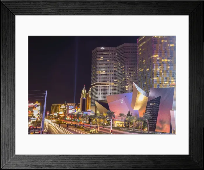 Framed Print : Neon lights, Las Vegas Strip South at night with cars leaving light streaks in front of City Center, Las Vegas, Nevada, United States of America, North America