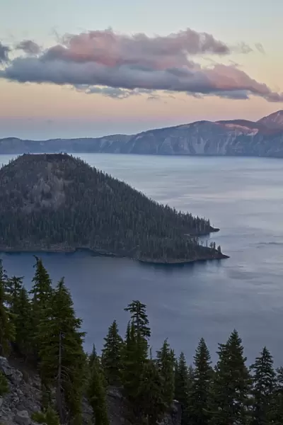 Crater Lake and Wizard Island at dawn, Crater Lake National Park, Oregon, United States of America, North America