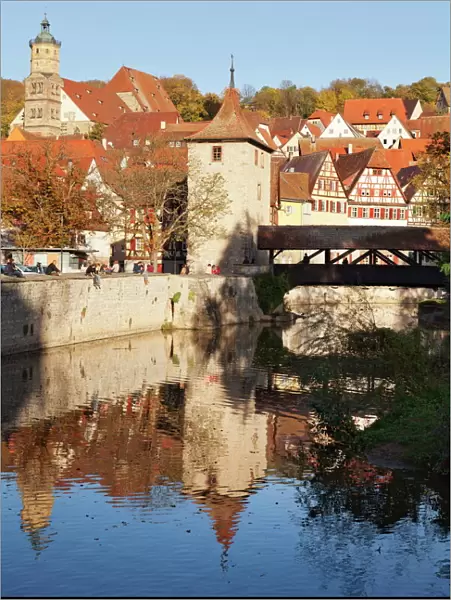 Kocher River and old town, Schwaebisch Hall, Hohenlohe, Baden Wurttemberg, Germany, Europe