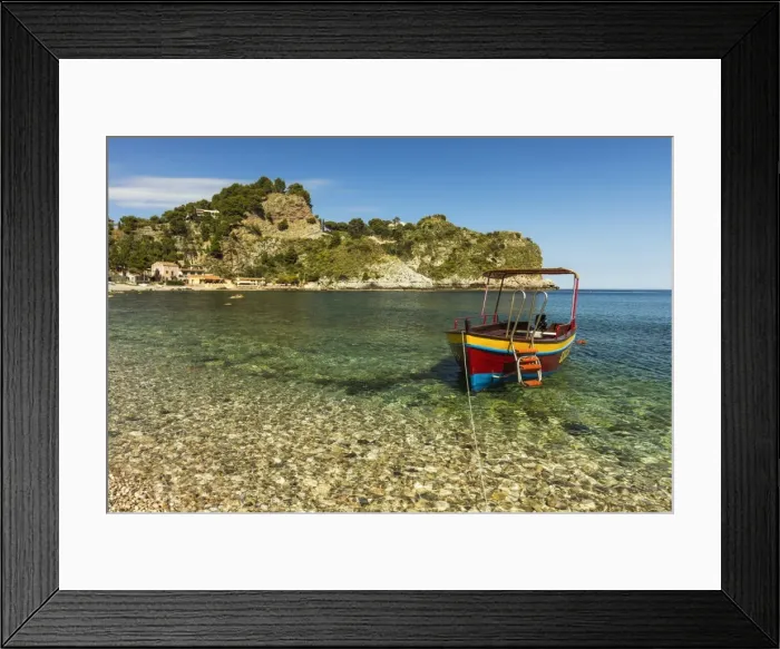 Framed Print : Excursion boat moored on pretty Isola Bella Bay in this popular northeast tourist town, Taormina, Catania Province, Sicily, Italy, Mediterranean, Europe Framed Print : Excursion boat moored on pretty Isola Bella Bay in this popular northeast tourist town, Taormina, Catania Province, Sicily, Italy, Mediterranean, Europe