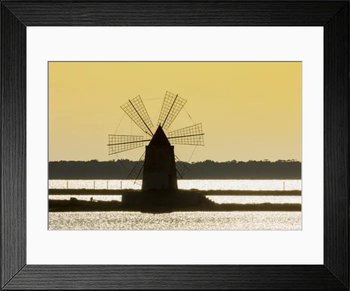 Framed Print : Silhouette of old windmill used to raise water from the Stagnone Lagoon into salt pans south of Trapani, Marsala, Sicily, Italy, Mediterranean, Europe Framed Print : Silhouette of old windmill used to raise water from the Stagnone Lagoon into salt pans south of Trapani, Marsala, Sicily, Italy, Mediterranean, Europe