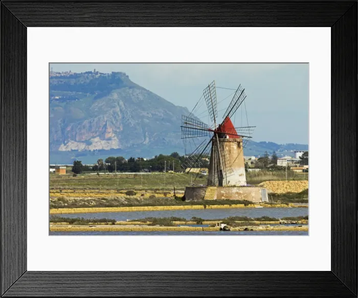 Framed Print : Windmill on Stagnone Lagoon in the salt pan area south of Trapani, with Mount Erice in the distance, Marsala, Sicily, Italy, Mediterranean, Europe Framed Print : Windmill on Stagnone Lagoon in the salt pan area south of Trapani, with Mount Erice in the distance, Marsala, Sicily, Italy, Mediterranean, Europe