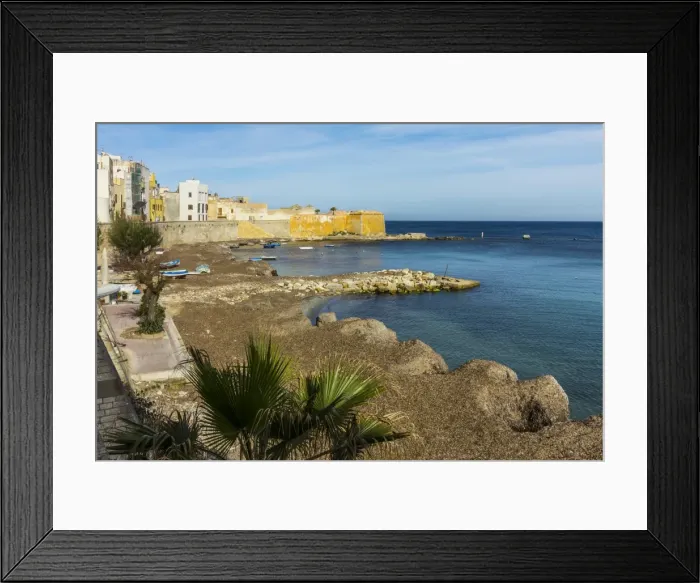 Framed Print : Protected cove and city walls seen from Via Mura Di Tramontana Ovest on sea front of this northwest fishing port, Trapani, Sicily, Italy, Mediterranean, Europe Framed Print : Protected cove and city walls seen from Via Mura Di Tramontana Ovest on sea front of this northwest fishing port, Trapani, Sicily, Italy, Mediterranean, Europe