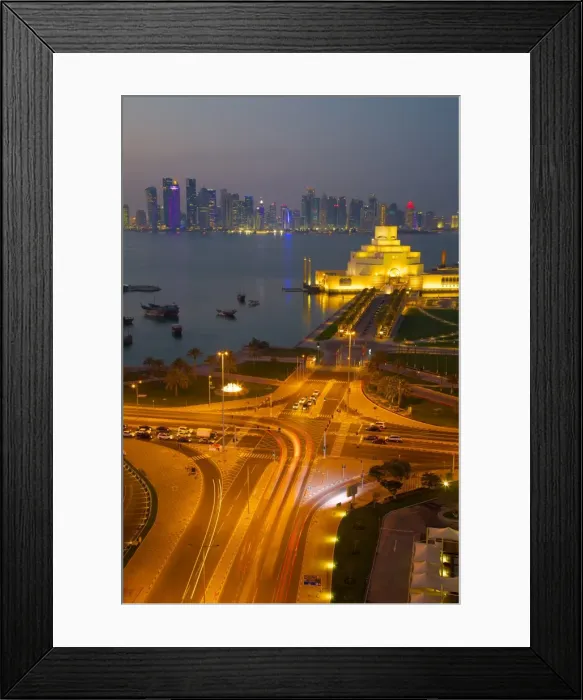 Framed Print : Museum of Islamic Art and West Bay Central Financial District from East Bay District at dusk, Doha, Qatar, Middle East Framed Print : Museum of Islamic Art and West Bay Central Financial District from East Bay District at dusk, Doha, Qatar, Middle East