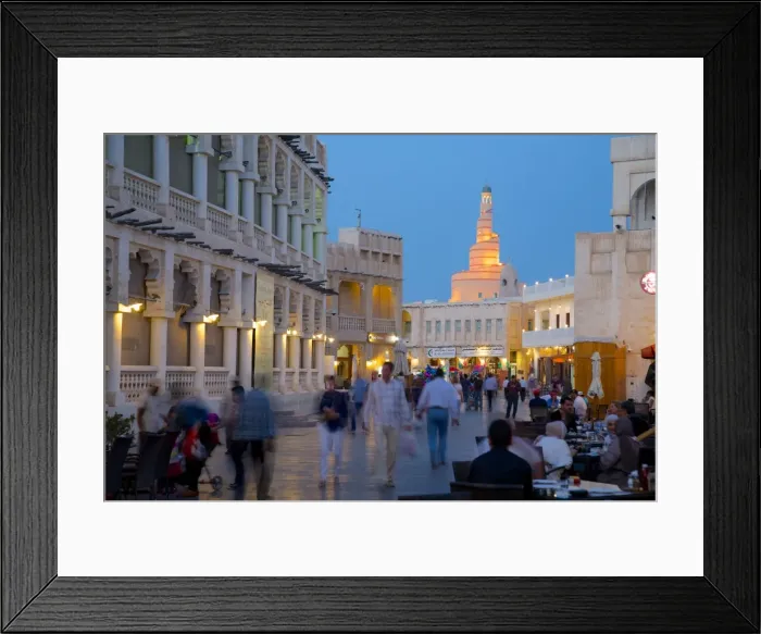 Framed Print : Souq Waqif looking towards the illuminated spiral mosque of the Kassem Darwish Fakhroo Islamic Centre, Doha, Qatar, Middle East Framed Print : Souq Waqif looking towards the illuminated spiral mosque of the Kassem Darwish Fakhroo Islamic Centre, Doha, Qatar, Middle East