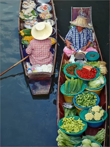 Floating market, Damnoen Saduak, Ratchaburi Province, Thailand, Southeast Asia, Asia cropped to remove boat in top right corner and for stronger compostion, curves  /  levels adjustments, remove rubbish in water