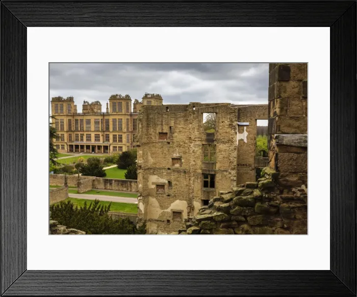 Framed Print : Aerial view from the Old Hall of its replacement, Hardwick Hall, near Chesterfield, Derbyshire, England, United Kingdom, Europe Framed Print : Aerial view from the Old Hall of its replacement, Hardwick Hall, near Chesterfield, Derbyshire, England, United Kingdom, Europe