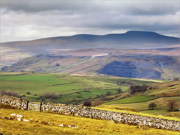 Across Ribblesdale to Ingleborough from above Stainforth near Settle, Yorkshire Dales, Yorkshire, England, United Kingdom, Europe