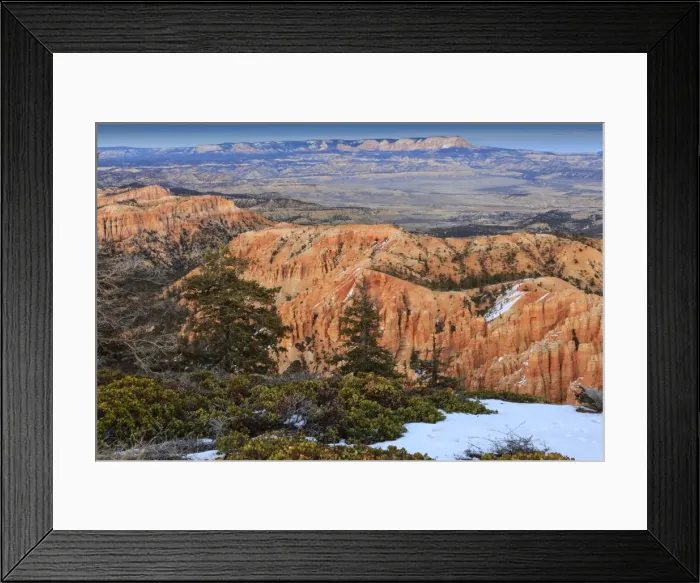 Framed Print : Hoodoos, vegetation and snow with a distant view on a winters late afternoon, Bryce Point, Bryce Canyon National Park, Utah, United States of America, North America Framed Print : Hoodoos, vegetation and snow with a distant view on a winters late afternoon, Bryce Point, Bryce Canyon National Park, Utah, United States of America, North America