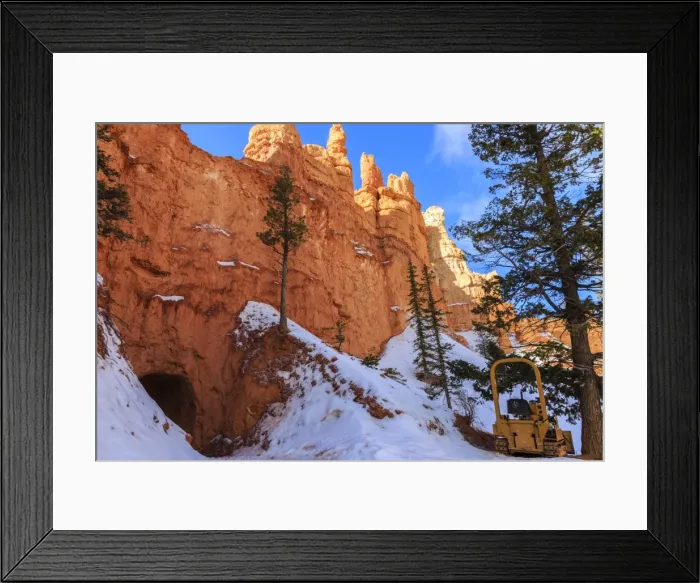 Framed Print : Snow clearing equipment at a tunnel through sunlit red rock in winter, Peekaboo Loop Trail, Bryce Canyon National Park, Utah, United States of America, North America Framed Print : Snow clearing equipment at a tunnel through sunlit red rock in winter, Peekaboo Loop Trail, Bryce Canyon National Park, Utah, United States of America, North America