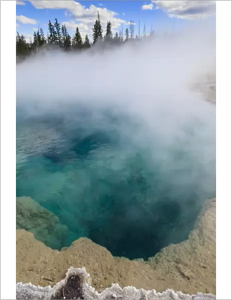 Steam and turquoise depths at Black Pool, dawn, West Thumb Geyser Basin, Yellowstone National Park, UNESCO World Heritage Site, Wyoming, United States of America, North America