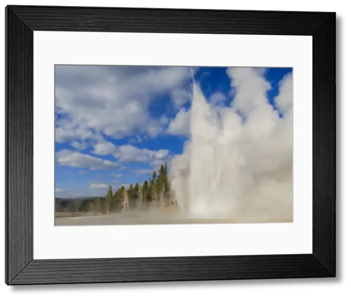 Framed Print : Lone observer watches Grand Geyser erupt, Upper Geyser Basin, Yellowstone National Park, UNESCO World Heritage Site, Wyoming, United States of America, North America Framed Print : Lone observer watches Grand Geyser erupt, Upper Geyser Basin, Yellowstone National Park, UNESCO World Heritage Site, Wyoming, United States of America, North America
