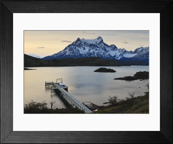 Framed Print : Lago Pehoe boat and dock with the Cordillera del Paine at sunset, Torres del Paine National Park, Patagonia, Chile, South America Framed Print : Lago Pehoe boat and dock with the Cordillera del Paine at sunset, Torres del Paine National Park, Patagonia, Chile, South America