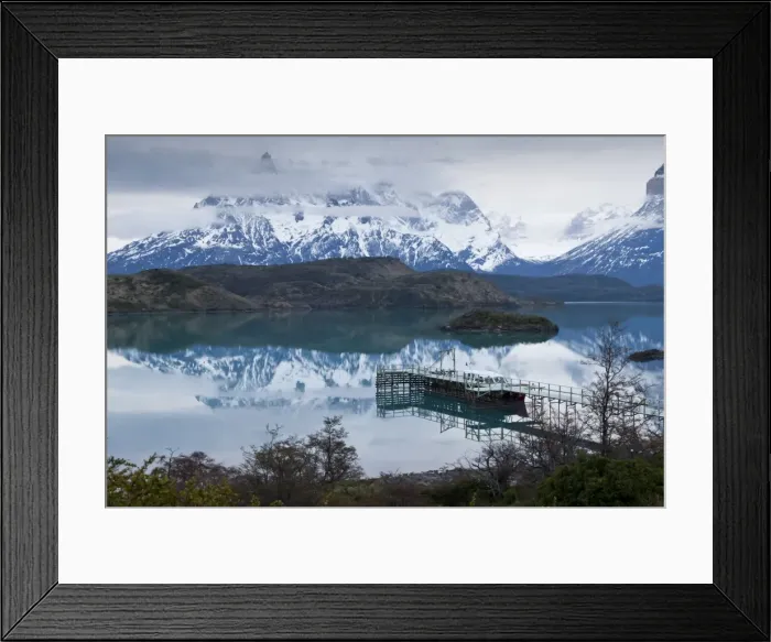 Framed Print : Boatdock and late evenng reflections in Lago Pehoe, Torres del Paine National Park, Patagonia, Chile, South America Framed Print : Boatdock and late evenng reflections in Lago Pehoe, Torres del Paine National Park, Patagonia, Chile, South America