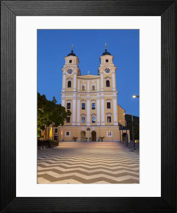 Framed Print : Mondsee Abbey illuminated at dusk, Market Square, Mondsee, Mondsee Lake, Oberosterreich (Upper Austria), Austria, Europe Framed Print : Mondsee Abbey illuminated at dusk, Market Square, Mondsee, Mondsee Lake, Oberosterreich (Upper Austria), Austria, Europe