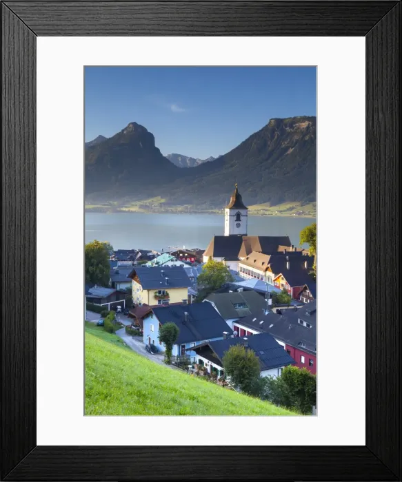 Framed Print : Elevated view over Parish Church and St. Wolfgang, Wolfgangsee lake, Flachgau, Salzburg, Upper Austria, Austria, Europe