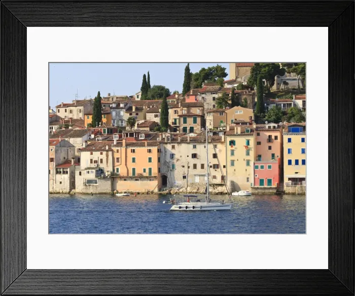 Framed Print : Yacht and Old Town from the sea on a summers early morning, Rovinj (Rovigno) peninsula, Istria, Croatia, Europe Framed Print : Yacht and Old Town from the sea on a summers early morning, Rovinj (Rovigno) peninsula, Istria, Croatia, Europe
