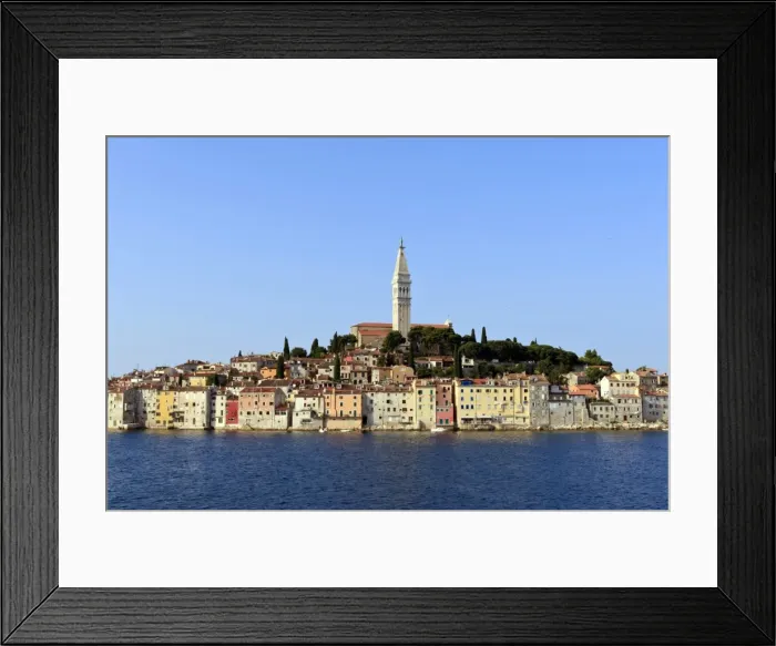 Framed Print : Church of St. Euphemia and Old Town from the sea on a summers early morning, Rovinj (Rovigno) peninsula, Istria, Croatia, Europe Framed Print : Church of St. Euphemia and Old Town from the sea on a summers early morning, Rovinj (Rovigno) peninsula, Istria, Croatia, Europe