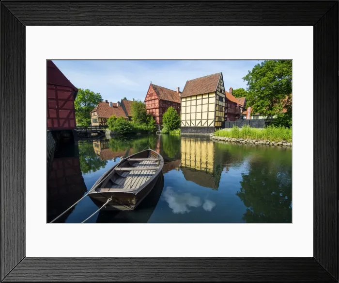 Framed Print : Little boat in a pond in the Old Town, Den Gamle By, open air museum in Aarhus, Denmark, Scandinavia, Europe Framed Print : Little boat in a pond in the Old Town, Den Gamle By, open air museum in Aarhus, Denmark, Scandinavia, Europe