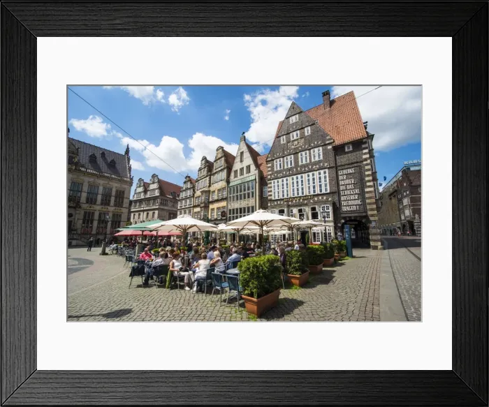 Framed Print : Beer garden in front of old Hanse houses on the market square of Bremen, Germany, Europe Framed Print : Beer garden in front of old Hanse houses on the market square of Bremen, Germany, Europe