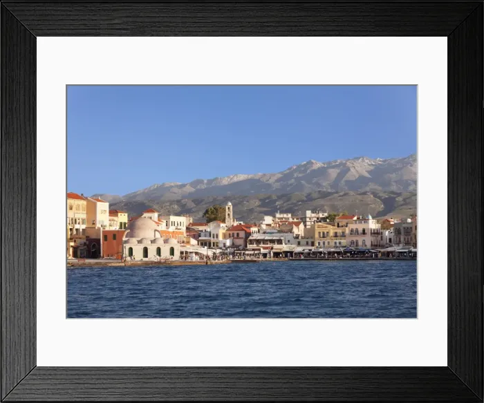 Framed Print : Venetian port and Turkish Mosque Hassan Pascha in front of Lefka Ori Mountains (White Mountains), Chania, Crete, Greek Islands, Greece, Europe Framed Print : Venetian port and Turkish Mosque Hassan Pascha in front of Lefka Ori Mountains (White Mountains), Chania, Crete, Greek Islands, Greece, Europe