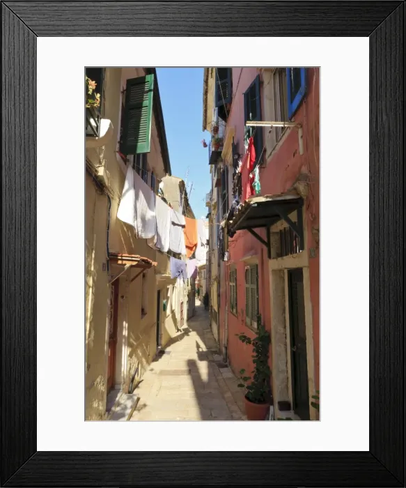 Framed Print : Narrow street and washing, Old Town, Corfu Town, UNESCO World Heritage Site, Corfu, Ionian Islands, Greek Islands, Greece, Europe Framed Print : Narrow street and washing, Old Town, Corfu Town, UNESCO World Heritage Site, Corfu, Ionian Islands, Greek Islands, Greece, Europe